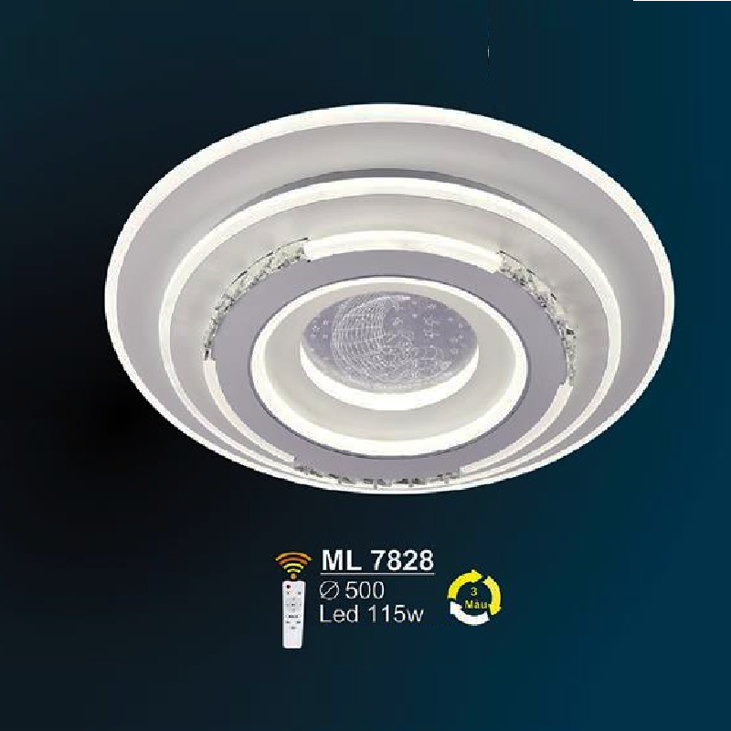 SN - ML 7828: Đèn áp trần LED  Mica - KT: Ø500mm - Đèn LED 115W - ánh sáng đổi 3 màu  - Remote