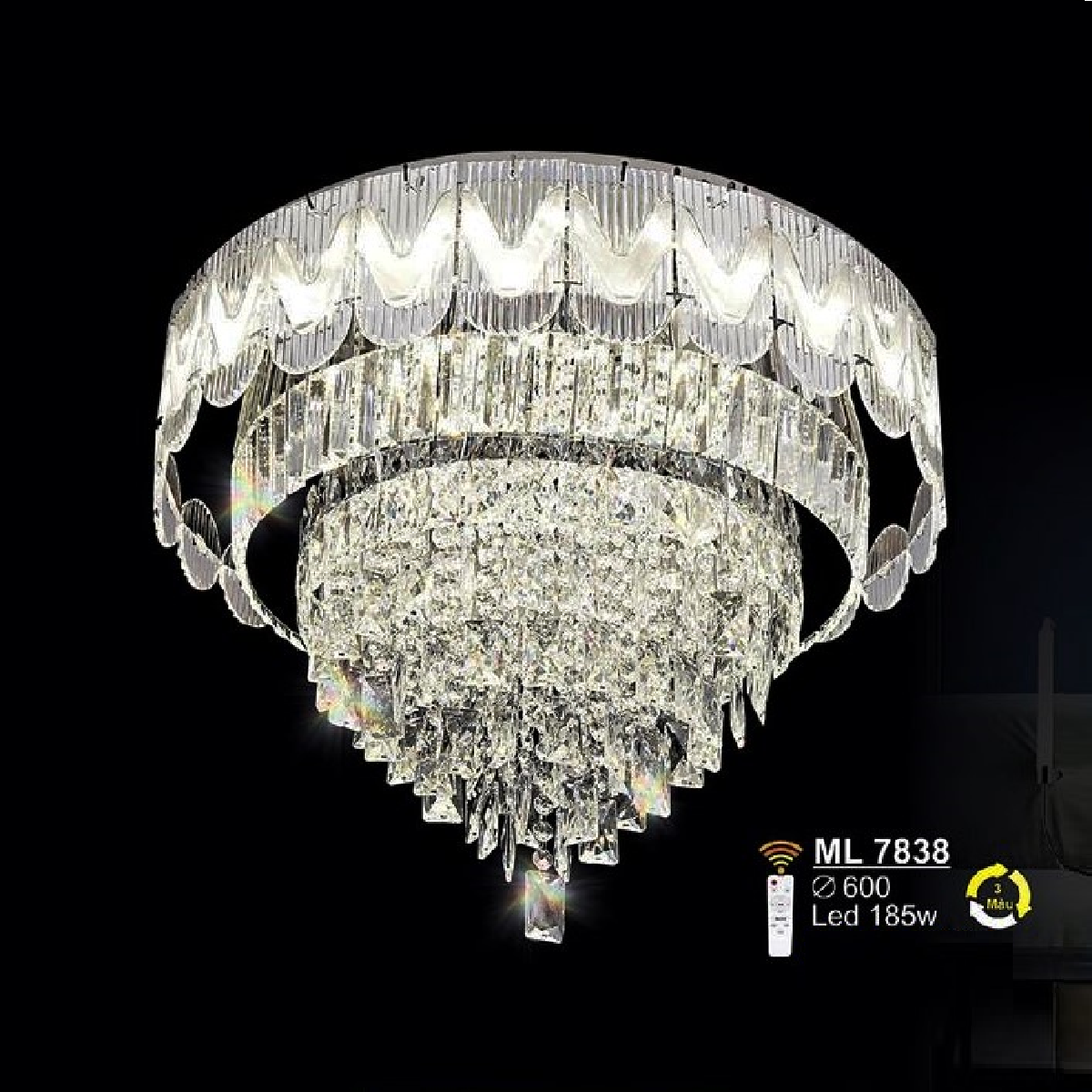 SN - ML 7838: Đèn áp trần LED Thủy tinh Phale - KT: Ø600mm x H185mm - Đèn LED 285W đổi 3 màu