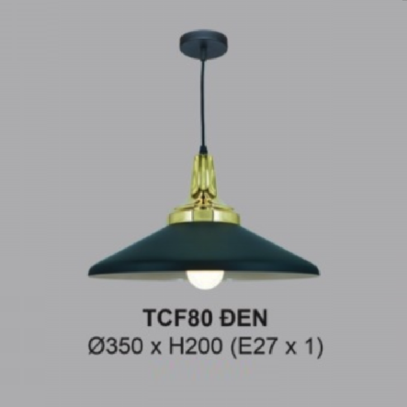 35 - TCF80 Đen: Đèn thả đơn chóa đèn hợp kim sơn tĩnh điện - KT: Ø350mm x H200mm - Bóng đèn E27 x 1 bóng