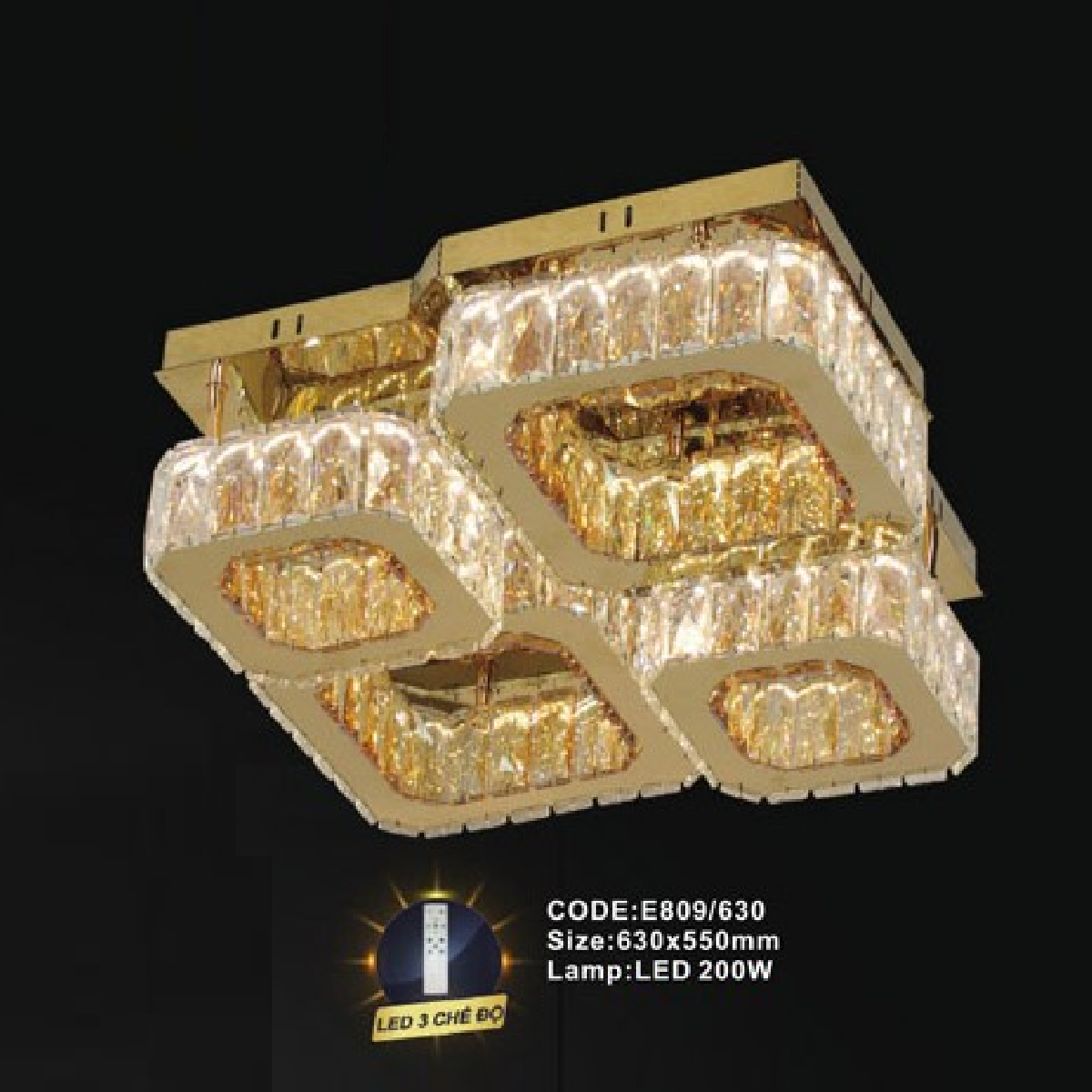 CODE: E809/630: Đèn áp trần LED - KT: 630mm x 550mm - Đèn LED 200W ánh sáng đổi 3 màu