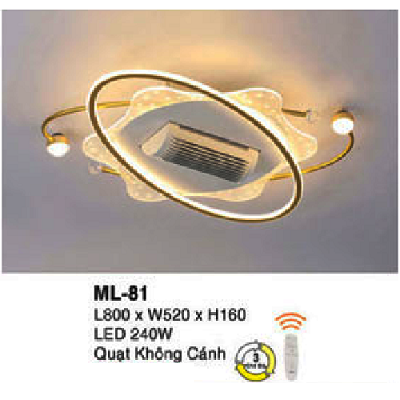 ML - 81: Quạt trần đèn không cánh - KT: L800mm x W520mm x H160mm - Đèn LED 240W ánh sáng đổi 3 màu