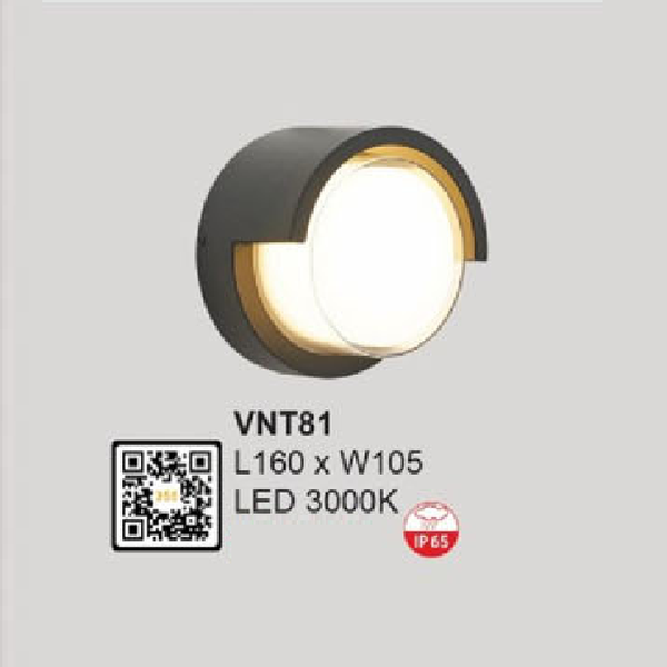 VNT 81: Đèn gắn tường ngoài trời - KT: L160mm x W105mm  - Đèn LED ánh sáng vàng 3000K