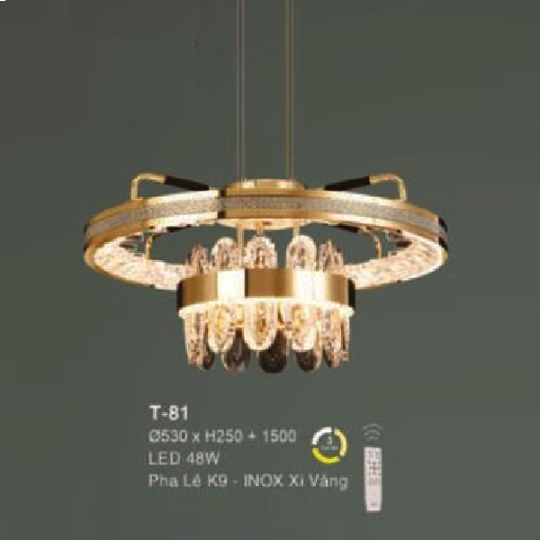 E - T - 81: Đèn thả vòng LED gắn rời - KT:  Ø530mm  x H250mm x H1500mm - Đèn LED 48W - Ánh sáng đổi 3 màu