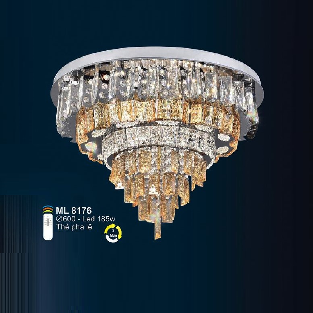 SN - ML 8176: Đèn áp trần LED thủy tinh Phale - KT: Ø600mm - Đèn LED 185W ánh sáng đổi 3 màu