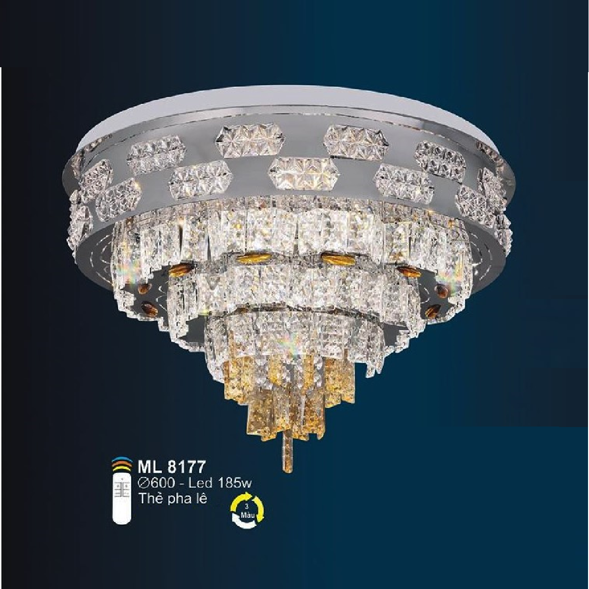 SN - ML 8177: Đèn áp trần LED thủy tinh Phale - KT: Ø600mm - Đèn LED 185W ánh sáng đổi 3 màu
