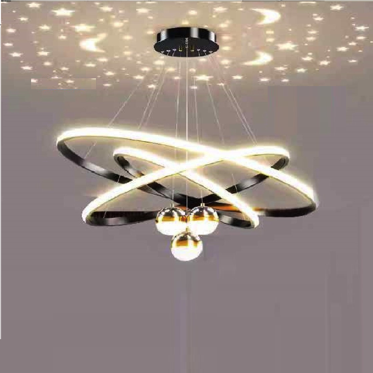 TH - 8215 - 24: Đèn thả 3 vòng LED +  3 chao quả bi LED - KT: Ø(400+600 +800)mm x H1000mm - Đèn LED đổi 3 màu
