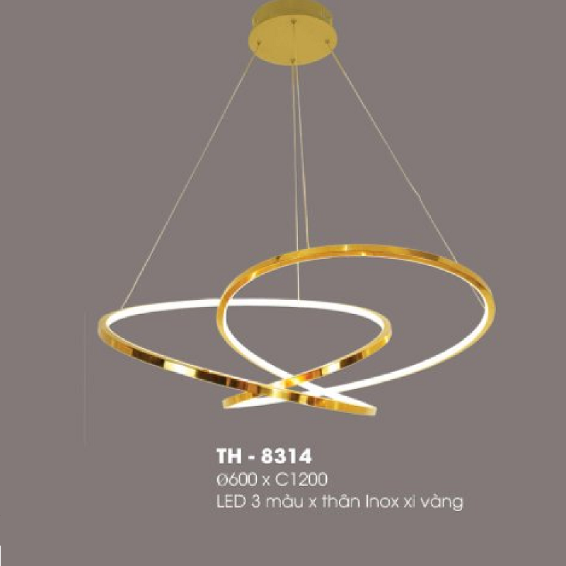 TH - 8314: Đèn thả vòng LED, thân Inox xi vàng - KT: Ø600mm x H1200mm - Đèn LED đổi 3 màu