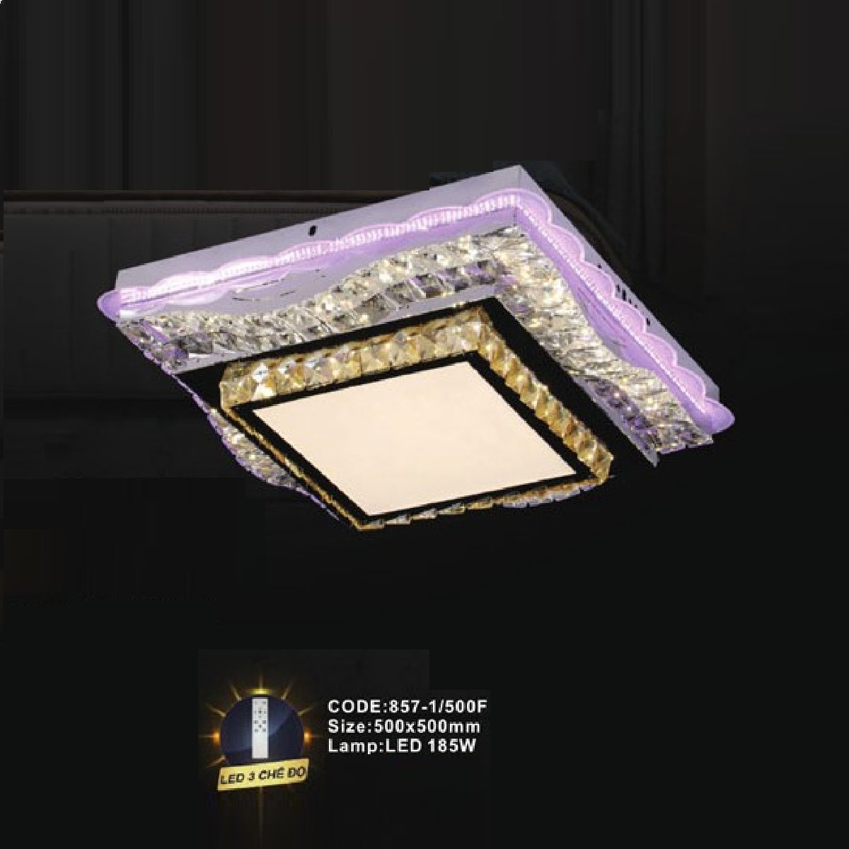 CODE: 857-1/500F: Đèn áp trần vuông LED - KT: L500mm x W500mm - Đèn LED 185W đổi 3 màu