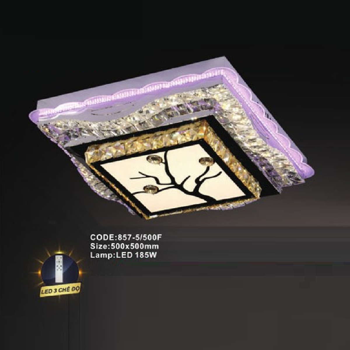 CODE: 857-5/500F: Đèn áp trần vuông LED - KT: L500mm x W500mm - Đèn LED 185W đổi 3 màu