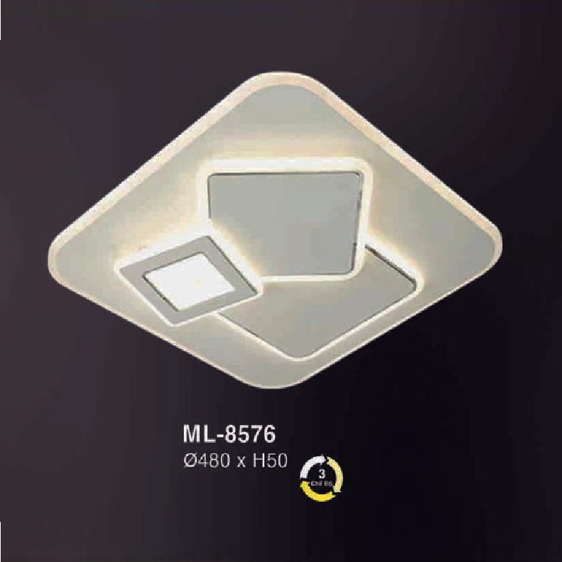 E - ML - 8576: Đèn áp trần LED vuông - KT: Ø480mm x H50mm - Đèn LED  ánh sáng đổi 3 màu