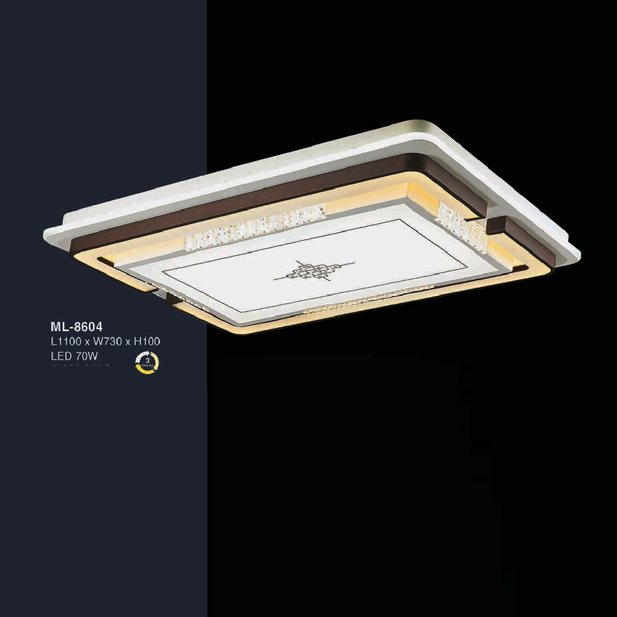 E - ML - 8604: Đèn áp trần LED Mica chữ nhật - KT: L1100mm x W730mm x H100mm - Đèn LED 70W đổi 3 màu