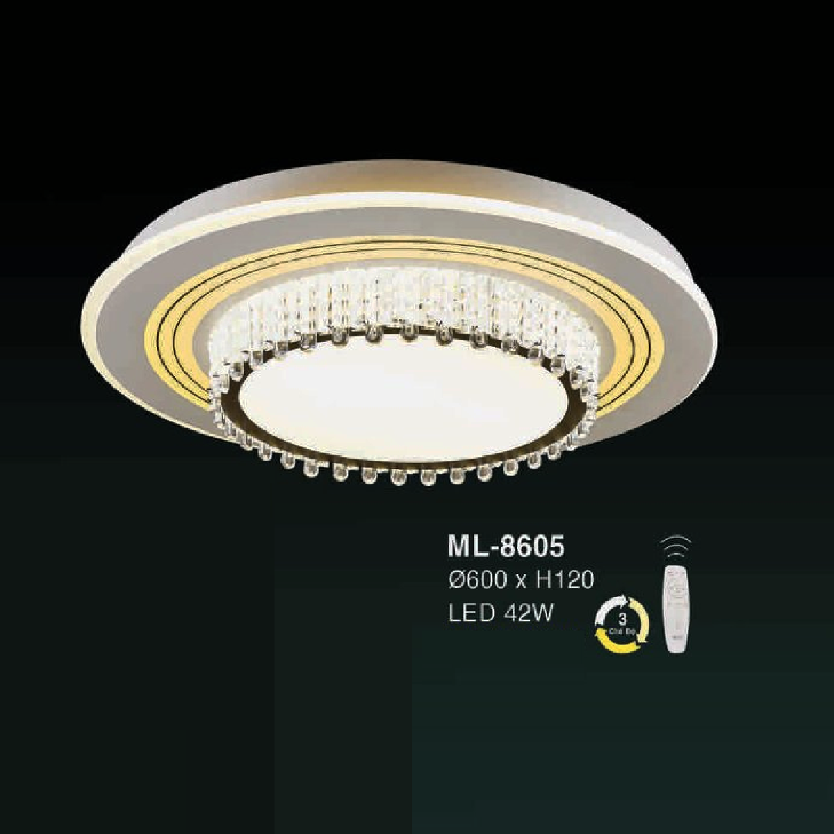 E - ML - 8605: Đèn áp trần LED MIca  - KT: Ø600mm x H120mm - Đèn LED 42W ánh sáng đổi 3 màu - Remote