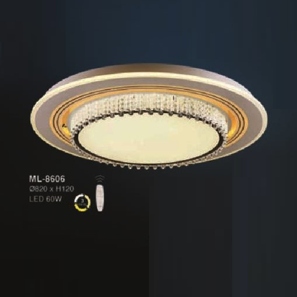E - ML - 8606: Đèn áp trần LED MIca  - KT: Ø820mm x H120mm - Đèn LED 60W ánh sáng đổi 3 màu - Remote