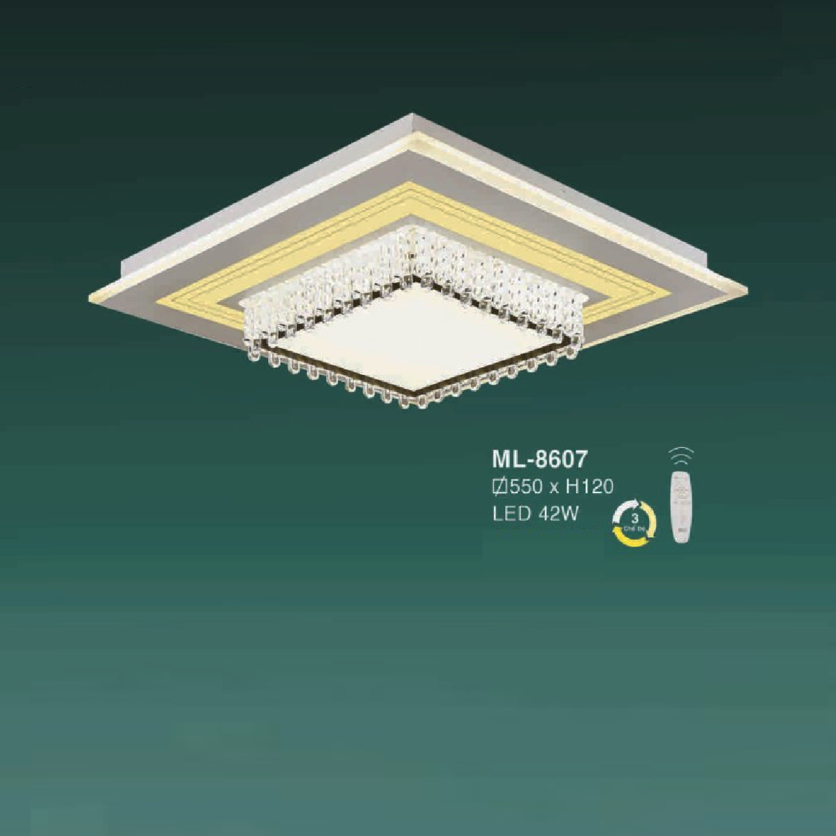 E - ML - 8607: Đèn áp trần LED Mica  vuông - KT: Ø550mm x H120mm - Đèn LED 42W ánh sáng đổi 3 màu - Remote
