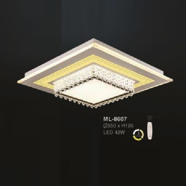 E - ML - 8607: Đèn áp trần LED Mica  vuông - KT: L550mm x W550mm x H120mm - Đèn LED 42W ánh sáng đổi 3 màu - Remote