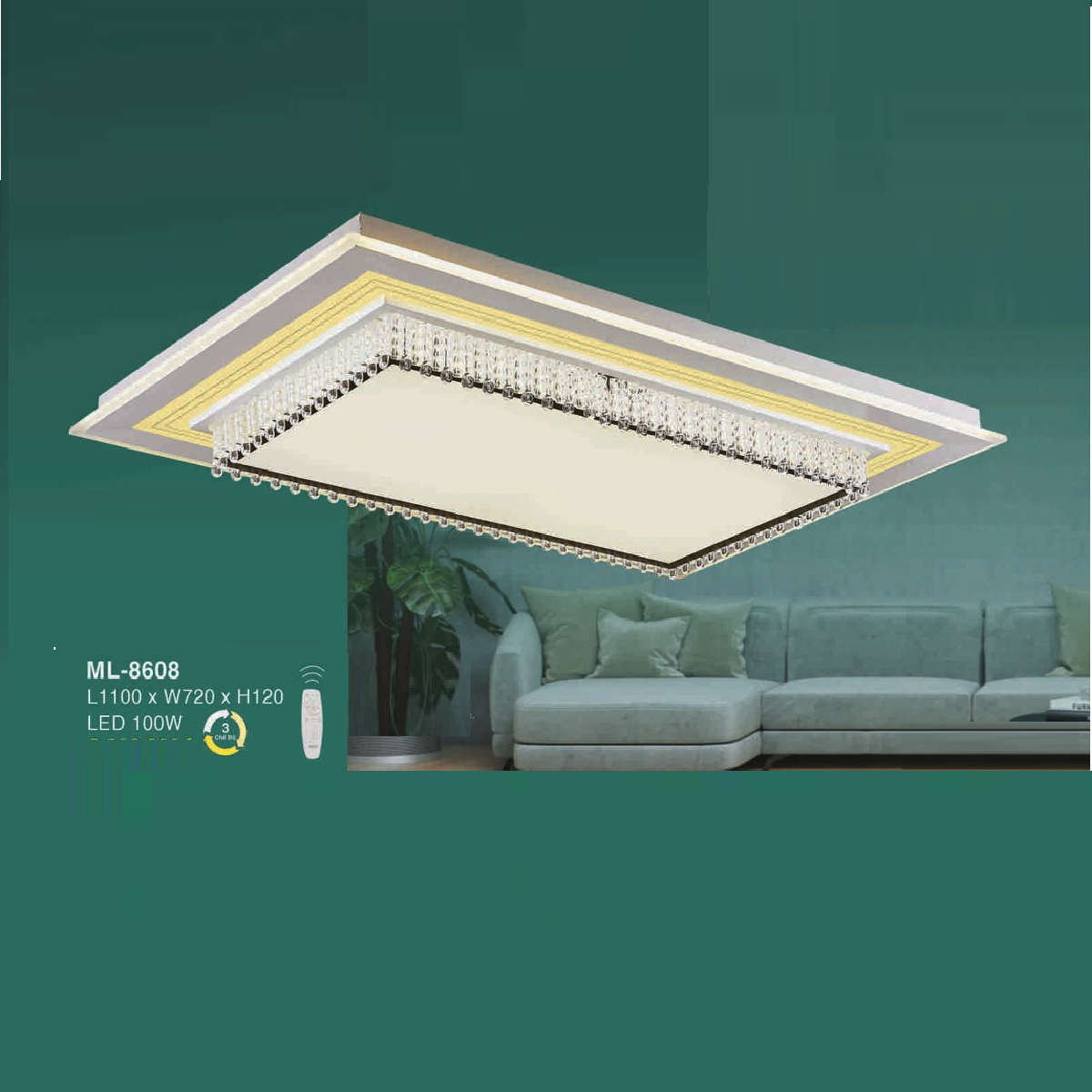 E - ML - 8608: Đèn áp trần LED Mica  chữ nhật - KT: L1100mm x W720mm x H120mm - Đèn LED 100W ánh sáng đổi 3 màu - Remote