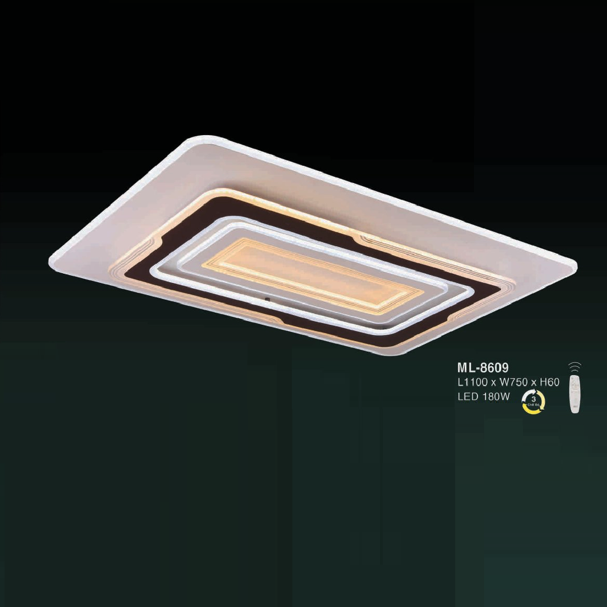 E - ML - 8609: Đèn áp trần LED Mica chữ nhật - KT: L1100mm x W730mm x H60mm - Đèn LED 180W đổi 3 màu - Remote
