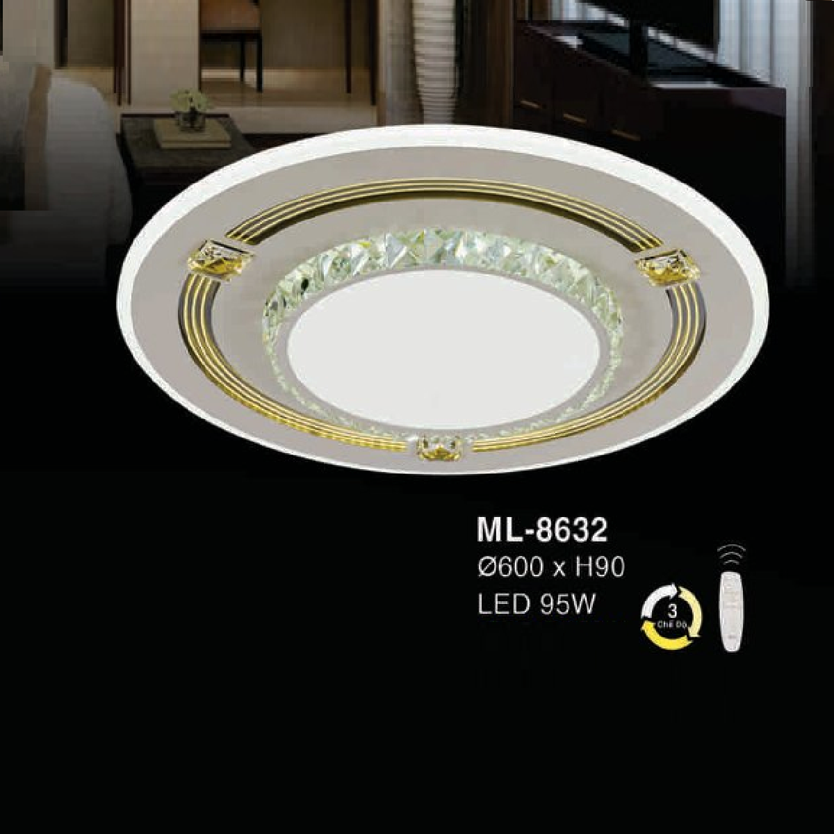 E - ML - 8632: Đèn áp trần LED Mica - KT: Ø600mm x H90mm - Đèn LED 95W đổi 3 màu - Remote