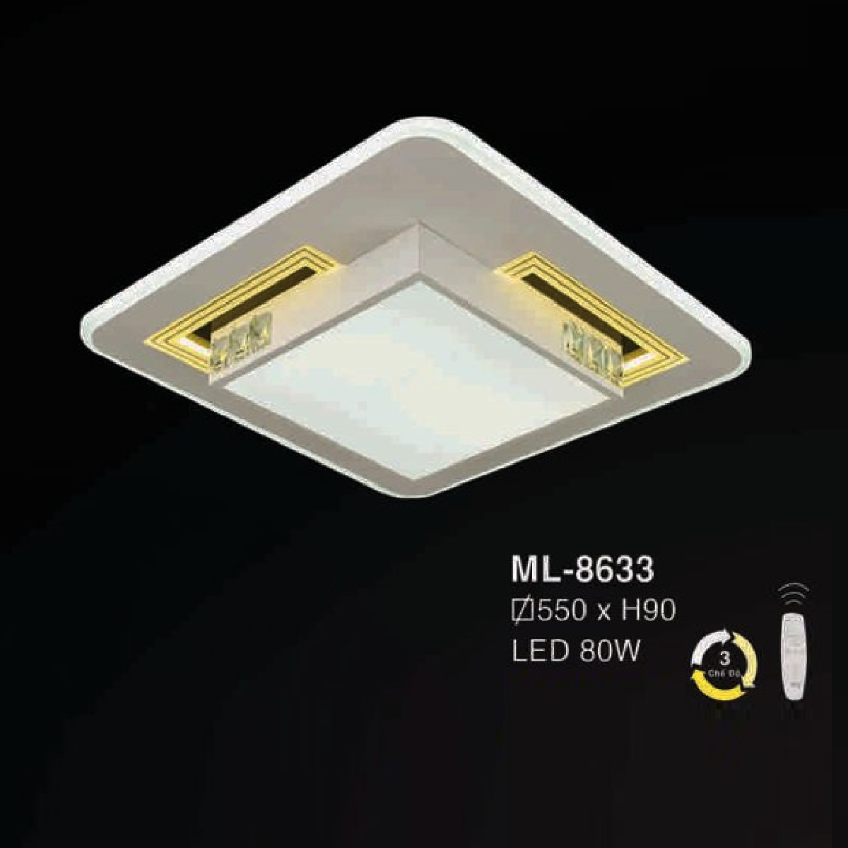 E - ML - 8633: Đèn áp trần LED Mica - KT: L550mm x W550mm x H90mm - Đèn LED 80W đổi 3 màu - Remote