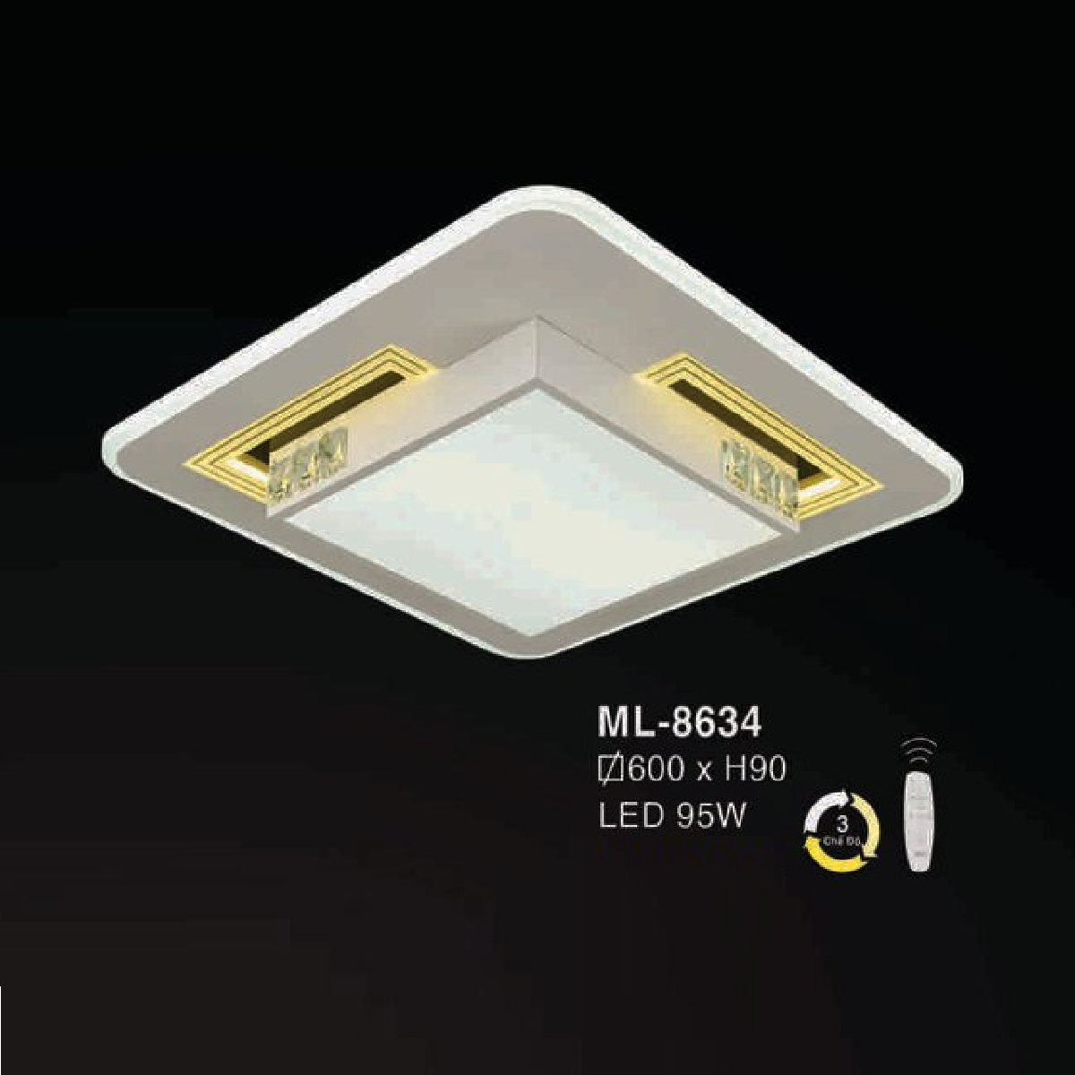 E - ML - 8634: Đèn áp trần LED Mica - KT: L600mm x W600mm x H95mm - Đèn LED 80W đổi 3 màu - Remote