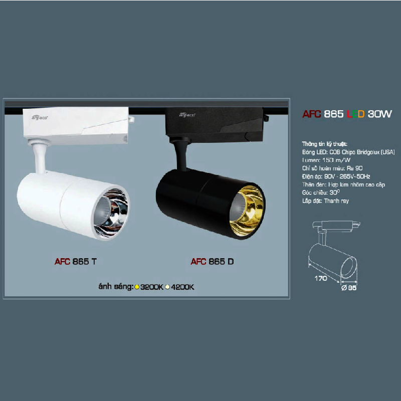 AFC 865 LED 30W: Đèn LED rọi ray chiếu điểm 30W ( vỏ trắng/vỏ đen) - KT: Ø95mm x 170mm - Ánh sáng Vàng/trung tính/trắng