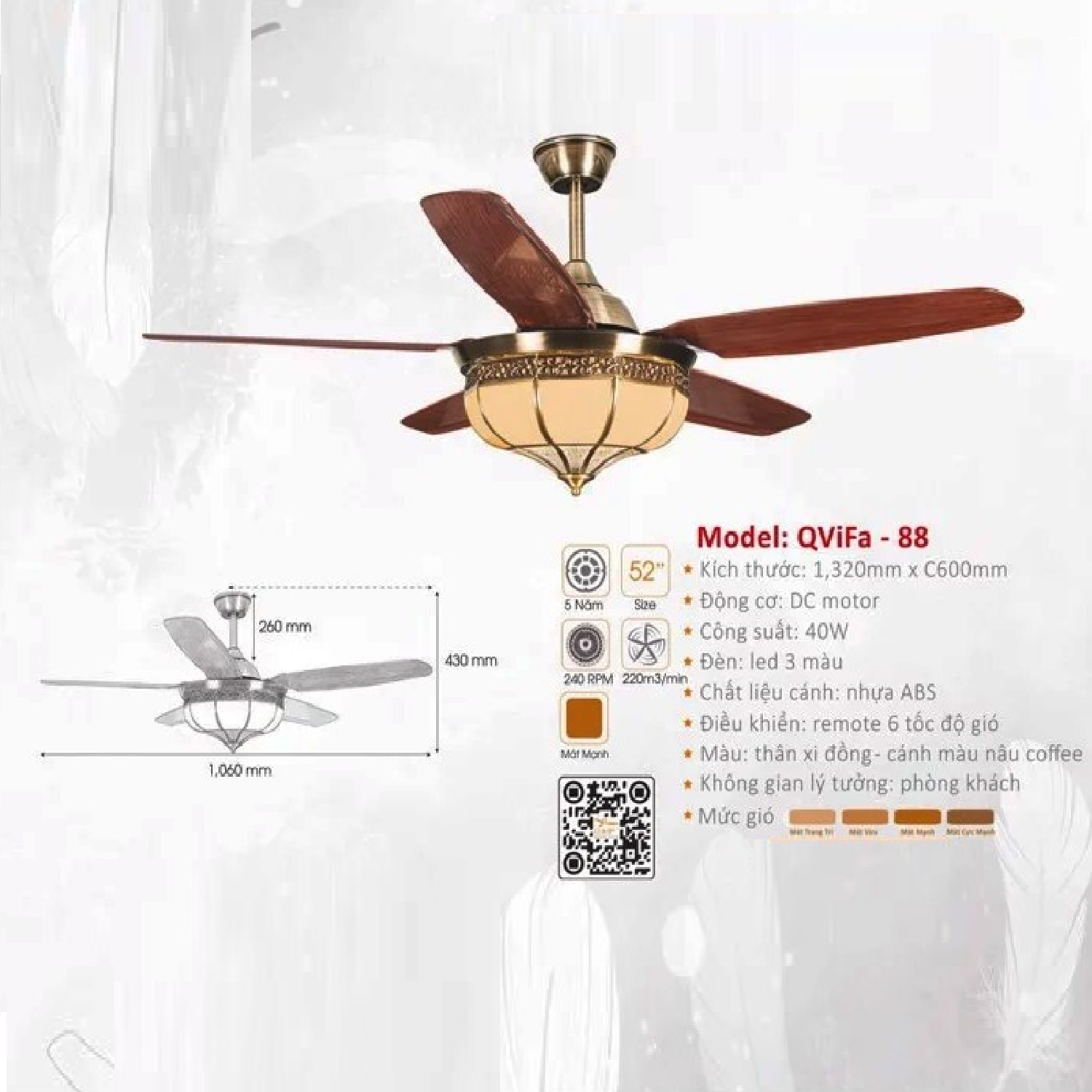 QViFa - 88: Quạt trần đèn LED 5 cánh gỗ