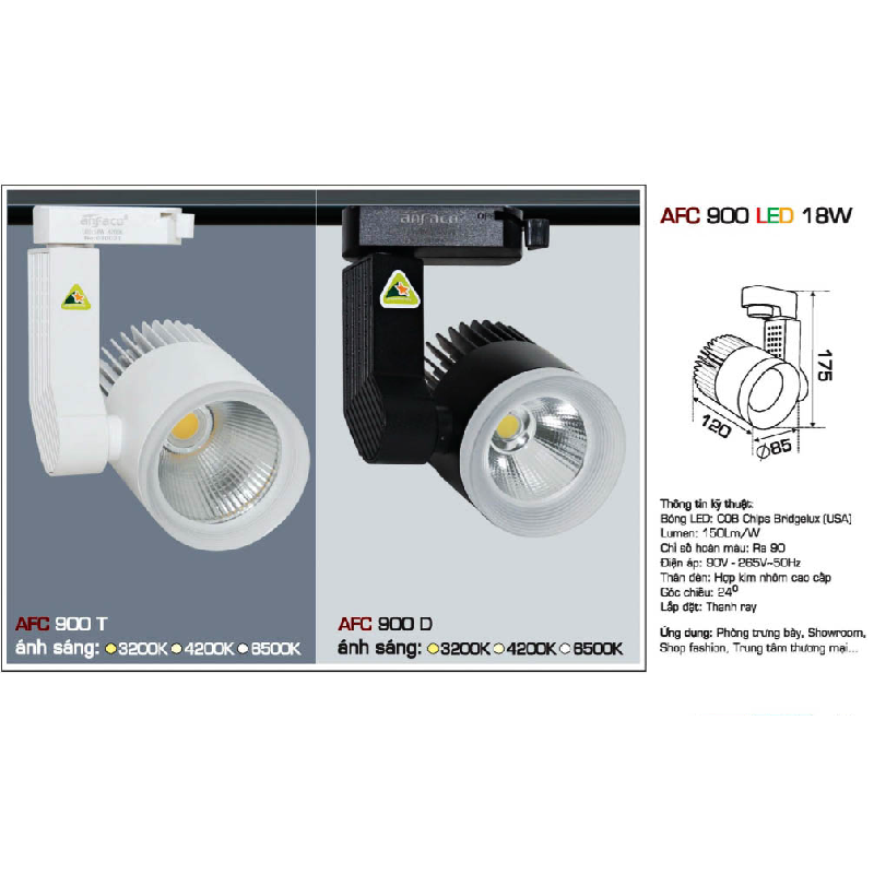 AFC 900 LED 18W: Đèn LED rọi ray chiếu điểm 18W - KT: Ø85mm x 120mm x H175mm - Ánh sáng vàng/trung tính/trắng