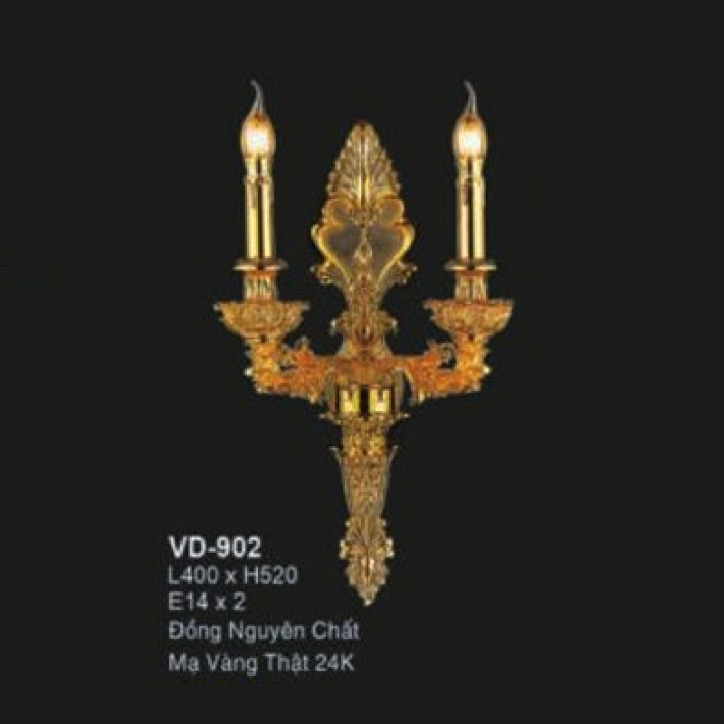 E - VD - 902: Đèn gắn tường đôi đồng nguyên chất Mạ vàng thật 24K - KT: L400mm x H520mm - Bóng đèn nến E14 x 2 bóng