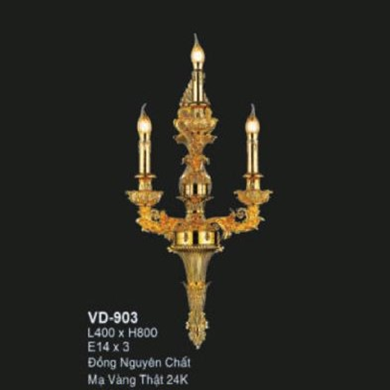 E - VD - 903: Đèn gắn tường 3 bóng,  đồng nguyên chất Mạ vàng thật 24K - KT: L400mm x H800mm - Bóng đèn nến E14 x 3 bóng