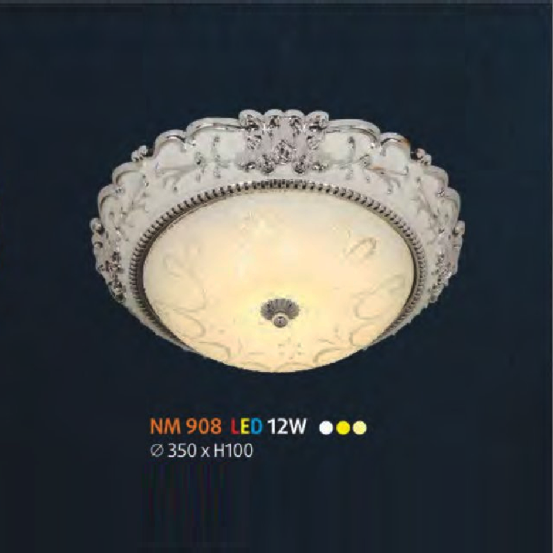 NM 908 LED: Đèn ốp trần LED chao thủy tinh - KT: Ø350mm x H100mm - Đèn LED 12W đổi 3 màu