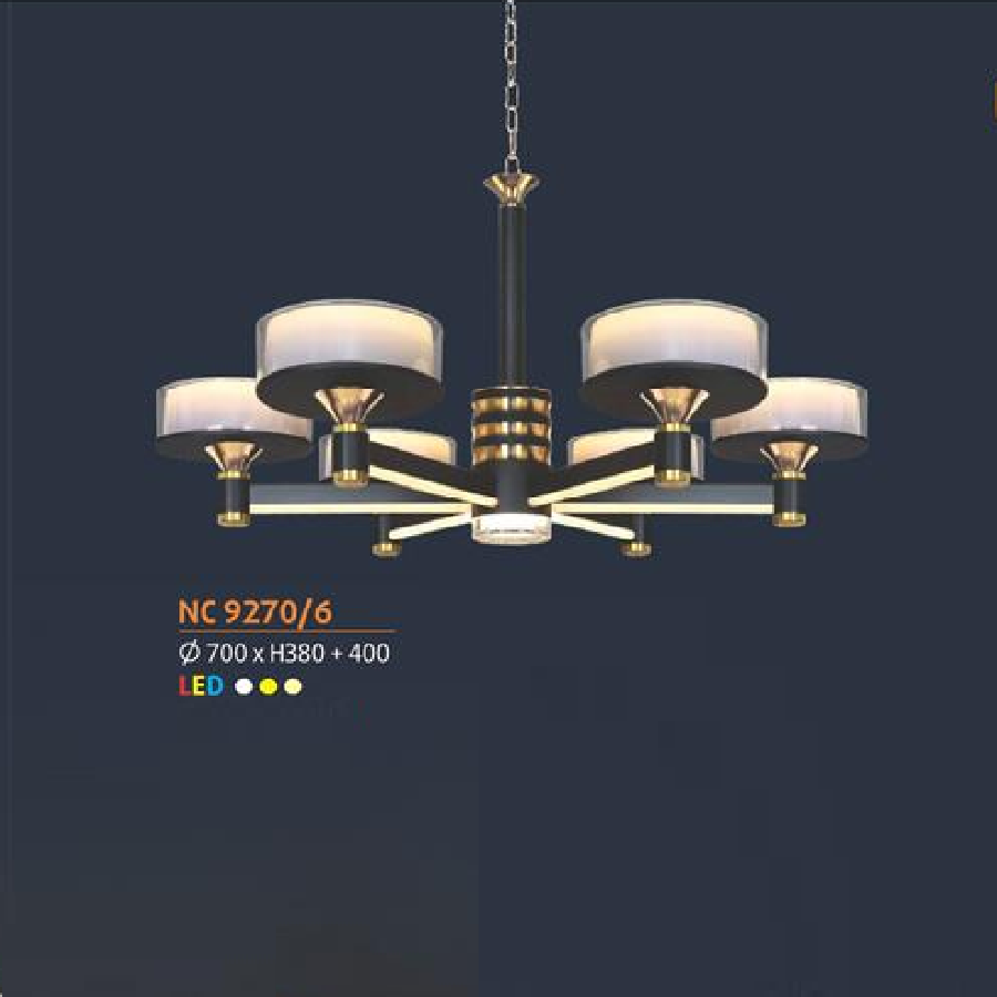 NC 9270/6: Đèn chùm LED 6 tay -  KT: Ø700mm x H380mm+400mm - Đèn LED đổi 3 màu