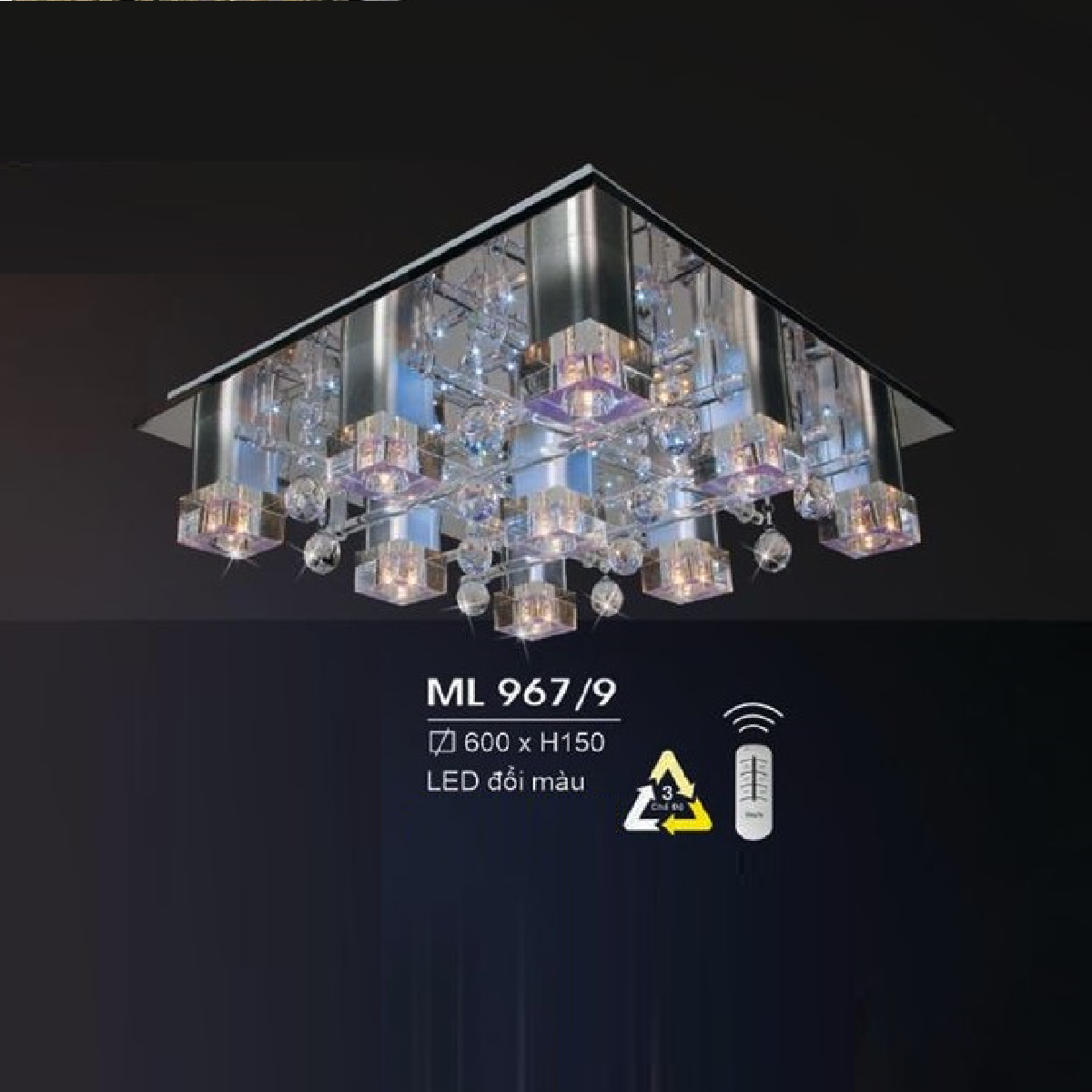 HF - ML 967/9: Đèn áp trần vuông LED - KT: L600mm x W600mm x H150mm - Đèn LED đổi 3 màu - Remote