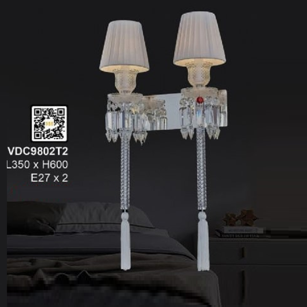 35 - VDC9802T2: Đèn gắn tường đôi - KT: L350mm x H600mm - Bóng đèn E27 x 2 bóng