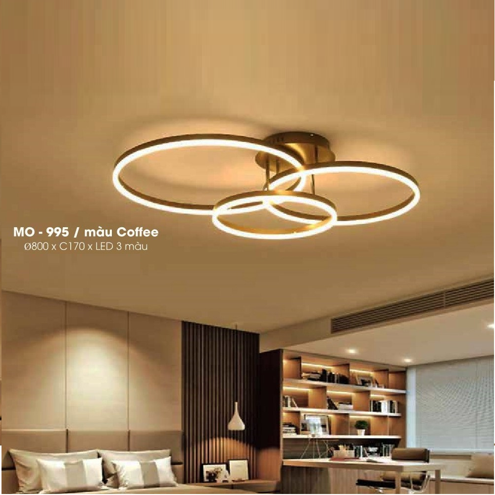 MO - 995: Đèn áp trần LED 3 vòng, thân sơn màu nâu cafe -  KT: Ø800mm x H170mm - Đèn LED đổi 3 màu
