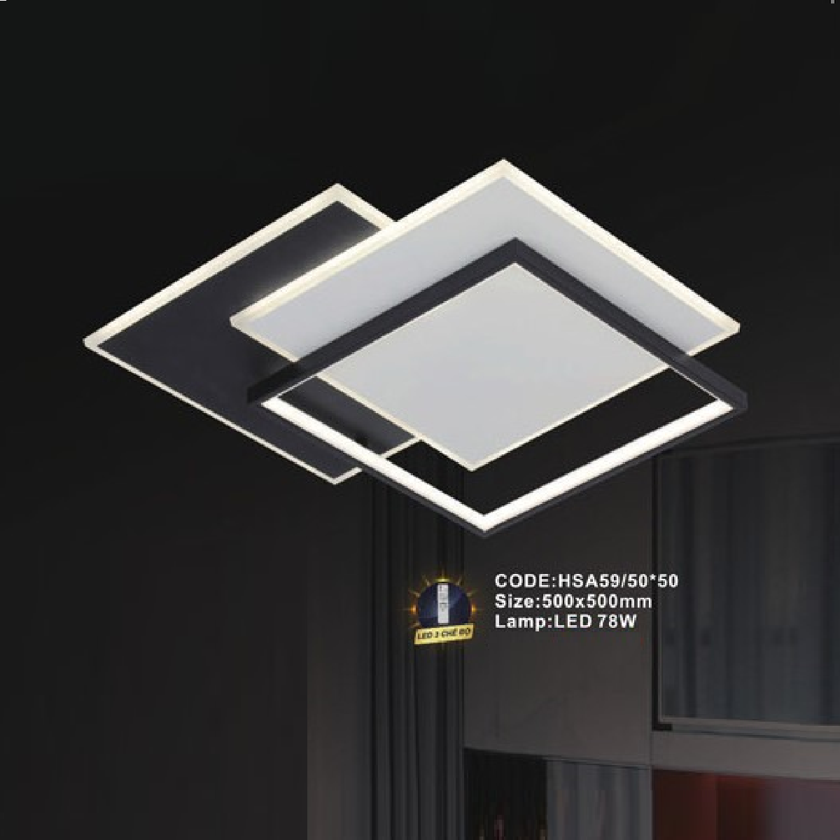 CODE: HSA59/50*50: Đèn áp trần vuông LED - KT: L500mm x W500mm - Đèn LED 78W ánh sáng đổi 3 màu