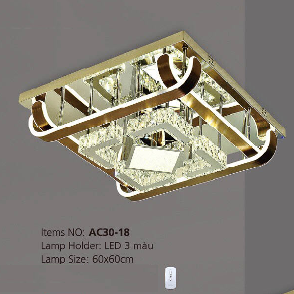 AC30 - 18: Đèn áp trần vuông LED  - KT: L600mm x W600mm - Đèn LED đổi 3 màu - Remote