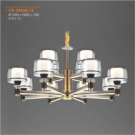 AD - CN-29008/12: Đèn chùm 12 tay - KT: Ø1000mm x H600mm + 500mm - Đèn chân E14 x 12 bóng ( tính riêng)