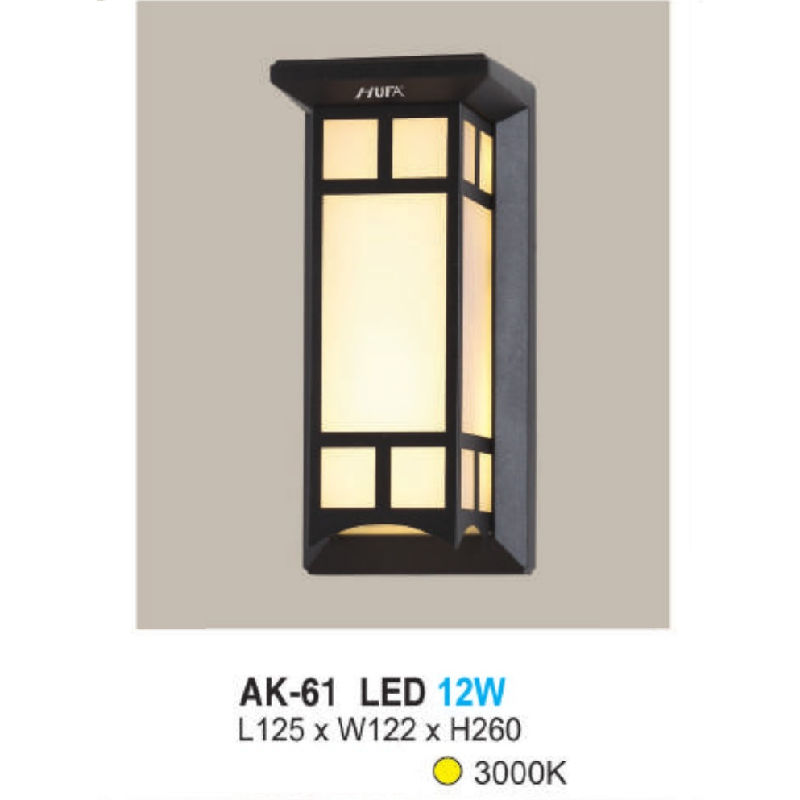 AK - 61: Đèn LED gắn tường ngoài trời - KT: L125mm x W122mm x H260mm - Đèn LED ánh sáng vàng 3000K