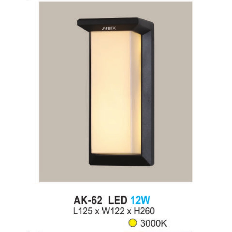 AK - 62: Đèn LED gắn tường ngoài trời - KT: L125mm x W122mm x H260mm - Đèn LED ánh sáng vàng 3000K