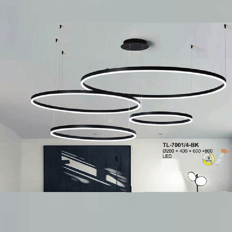 AN - TL - 7001/4-BK: Đèn thả 4 vòng LED, thân xi đen, gắn rời - KT:  Ø(200+400+600+800)mm - Đèn LED đổi 3 màu - Remote