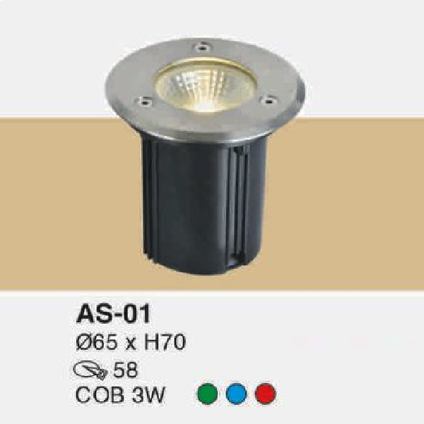AS - 01: Đèn LED âm sàn trên bờ - KT: Ø65mm x H70mm - Lỗ khoét: Ø58mm - Đèn LED COB 3W ánh sáng xanh lá/xanh dương/đỏ