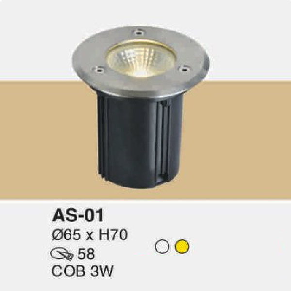 AS - 01: Đèn LED âm sàn trên bờ - KT: Ø65mm x H70mm - Lỗ khoét: Ø58mm - Đèn LED COB 3W ánh sáng trắng/vàng