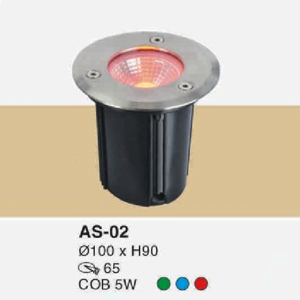 AS - 02: Đèn LED âm sàn trên bờ - KT: Ø100mm x H90mm - Lỗ khoét: Ø65mm - Đèn LED COB 5W ánh sáng Xanh lá/xanh dương/đỏ