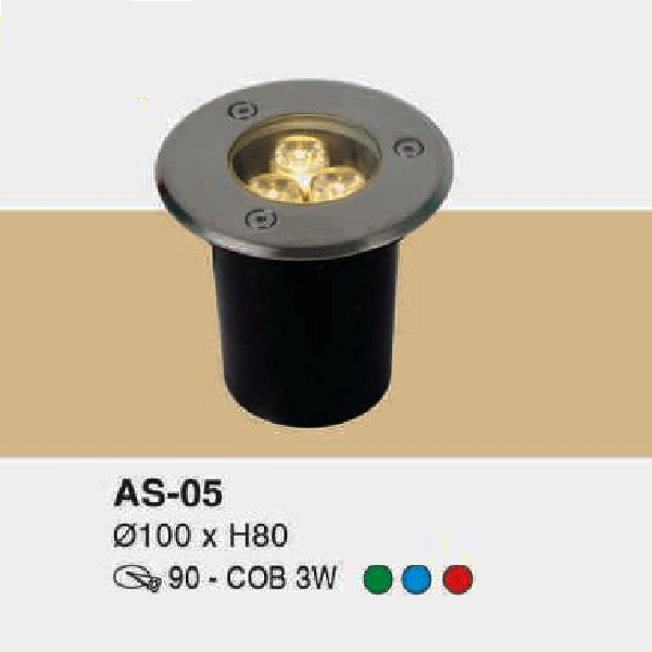 AS - 05: Đèn LED âm sàn trên bờ - KT: Ø100mm x H80mm - Lỗ khoét: Ø90mm - Đèn LED COB 3W ánh sáng Xanh lá/ Xanh dương/ Đỏ
