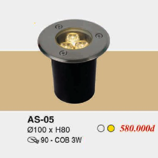AS - 05: Đèn LED âm sàn trên bờ - KT: Ø100mm x H80mm - Lỗ khoét: Ø90mm - Đèn LED COB 5W ánh sáng trắng/vàng