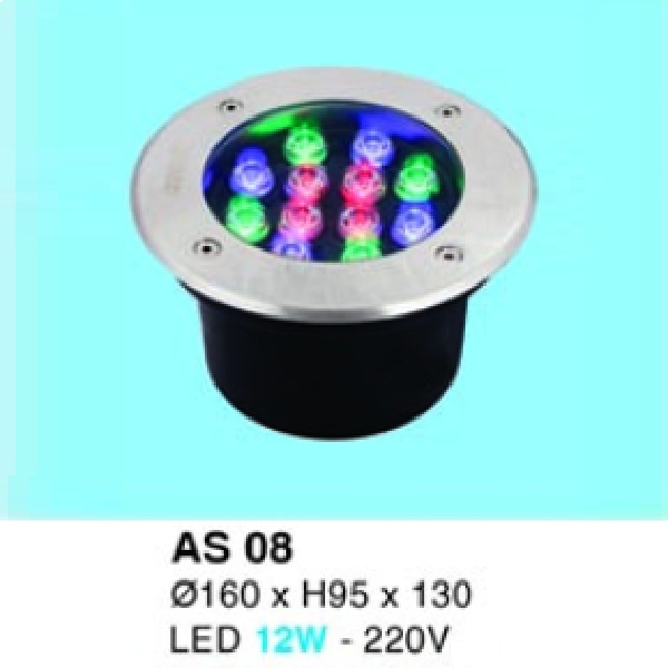 HF - AS 08: Đèn LED âm sàn - ĐK: Ø160mm x H95mm x130mm - IP 65 - Đèn LED 12W - 220V - Ánh sáng  3 màu