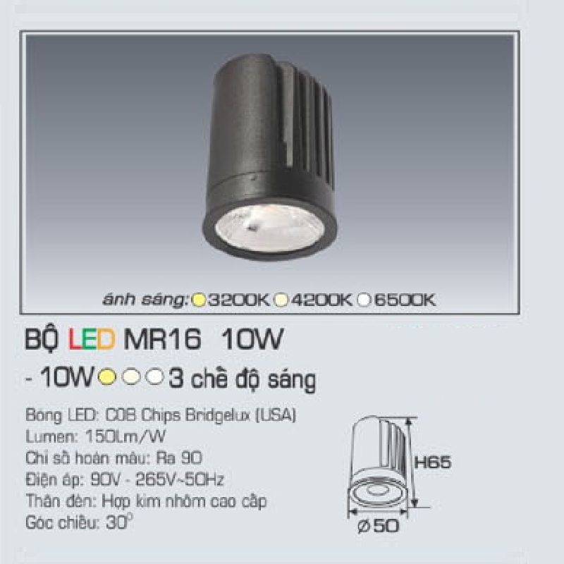 Bộ LED MR16 10W, 1 chế độ ánh sáng ( vàng /trung tính/trắng)