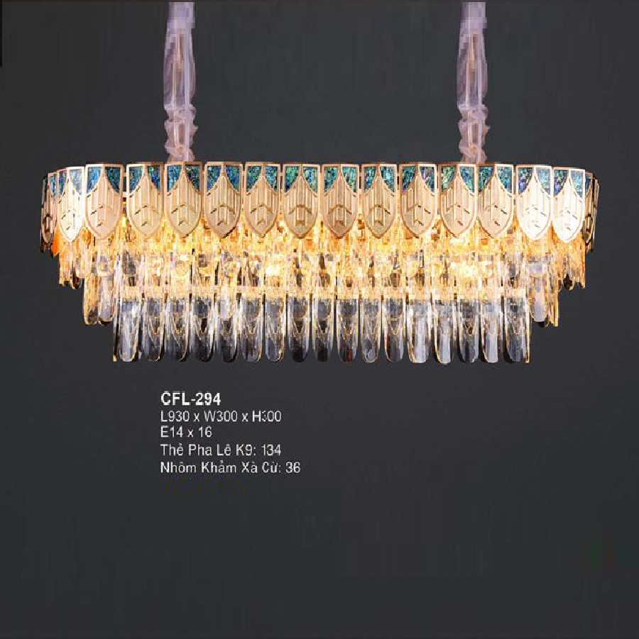EU -  CFL - 294: Đèn thả phale K9 chữ nhật  - KT: L930mm x W300mm x H300mm - Đèn chân E14 x 16 bóng