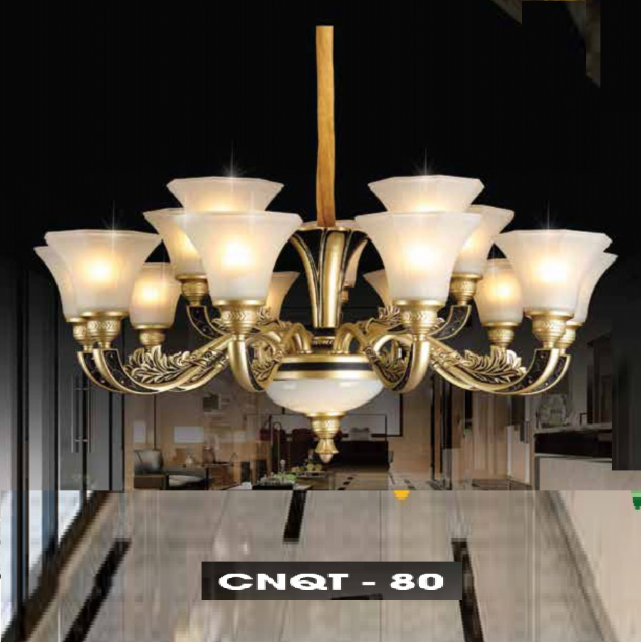 LH - CNQT - 80: Đèn chùm 15 tay chao thủy tinh -  KT: Ø900mm x H900mm - Bóng đèn E27 x 15 bóng