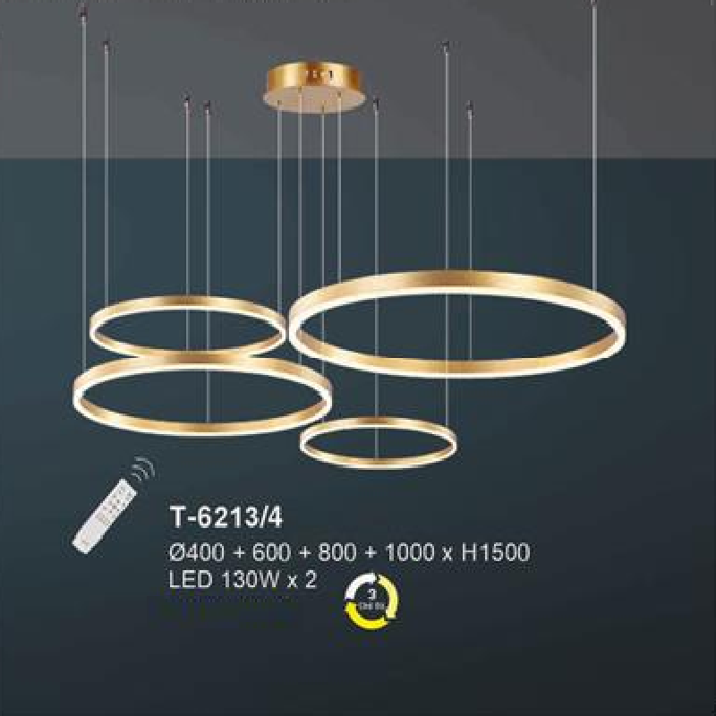 EU - T - 6213/4: Đèn thả 4 vòng LED xi vàng, gắn rời - KT: Ø(400+600+800+1000)mm x H1500mm - Đèn LED đổi 3 màu - Remote